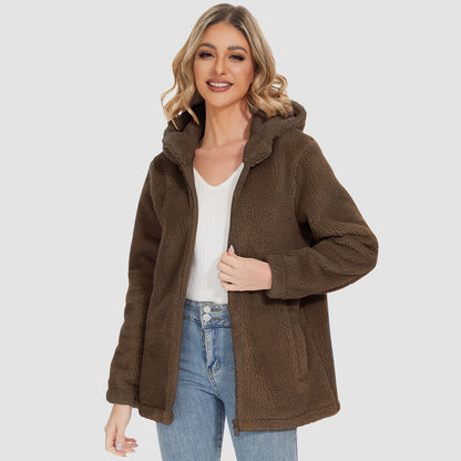 Jaqueta Sherpa Feminina com Capuz e Zíper Completo com Bolsos Casual Inverno Quente Casaco de Lã Macio