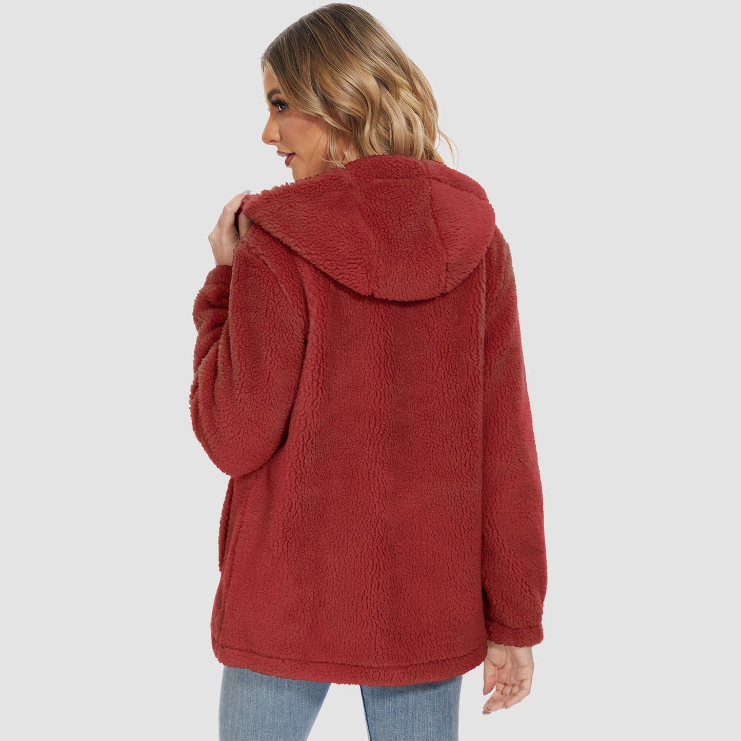 Jaqueta Sherpa Feminina com Capuz e Zíper Completo com Bolsos Casual Inverno Quente Casaco de Lã Macio