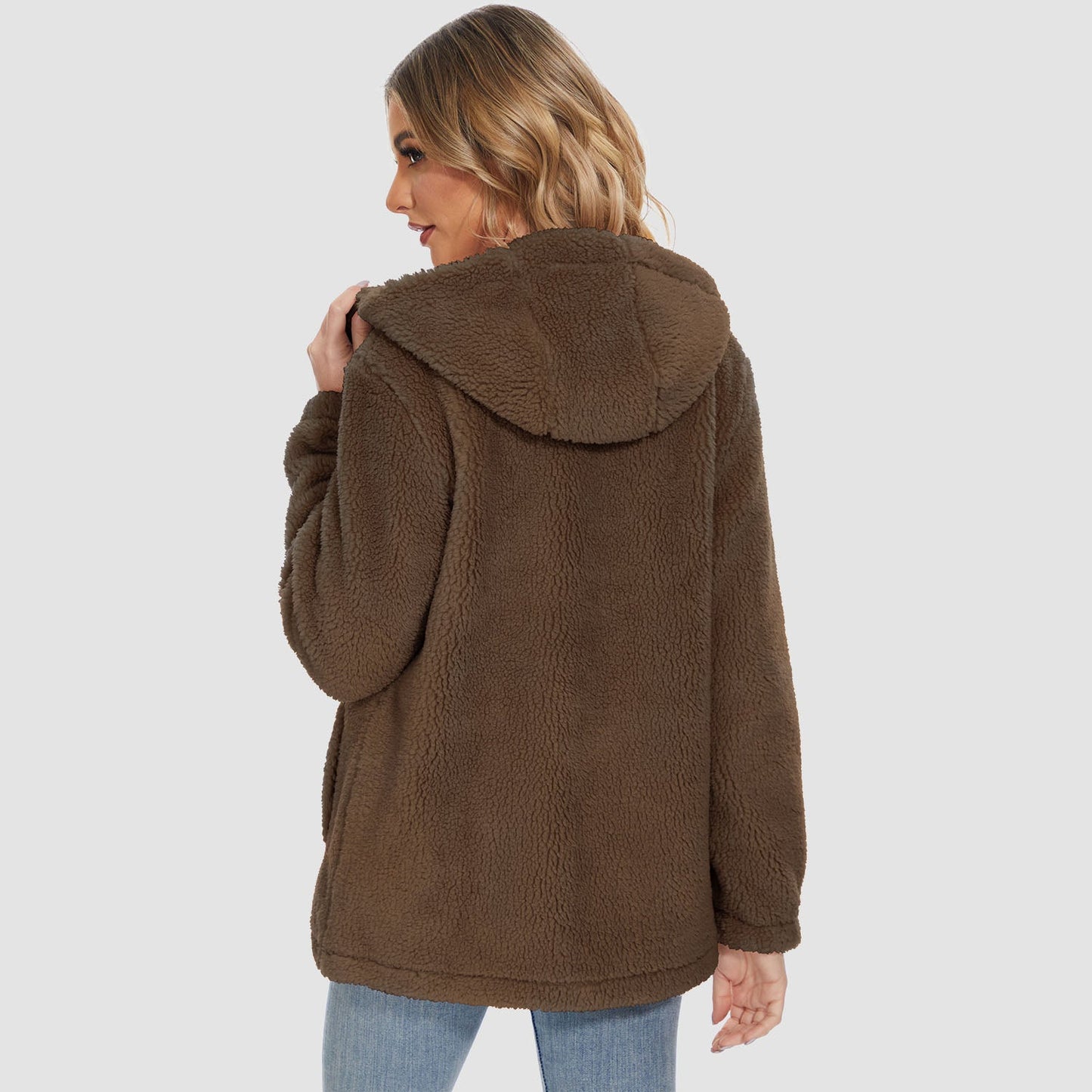 Jaqueta Sherpa Feminina com Capuz e Zíper Completo com Bolsos Casual Inverno Quente Casaco de Lã Macio