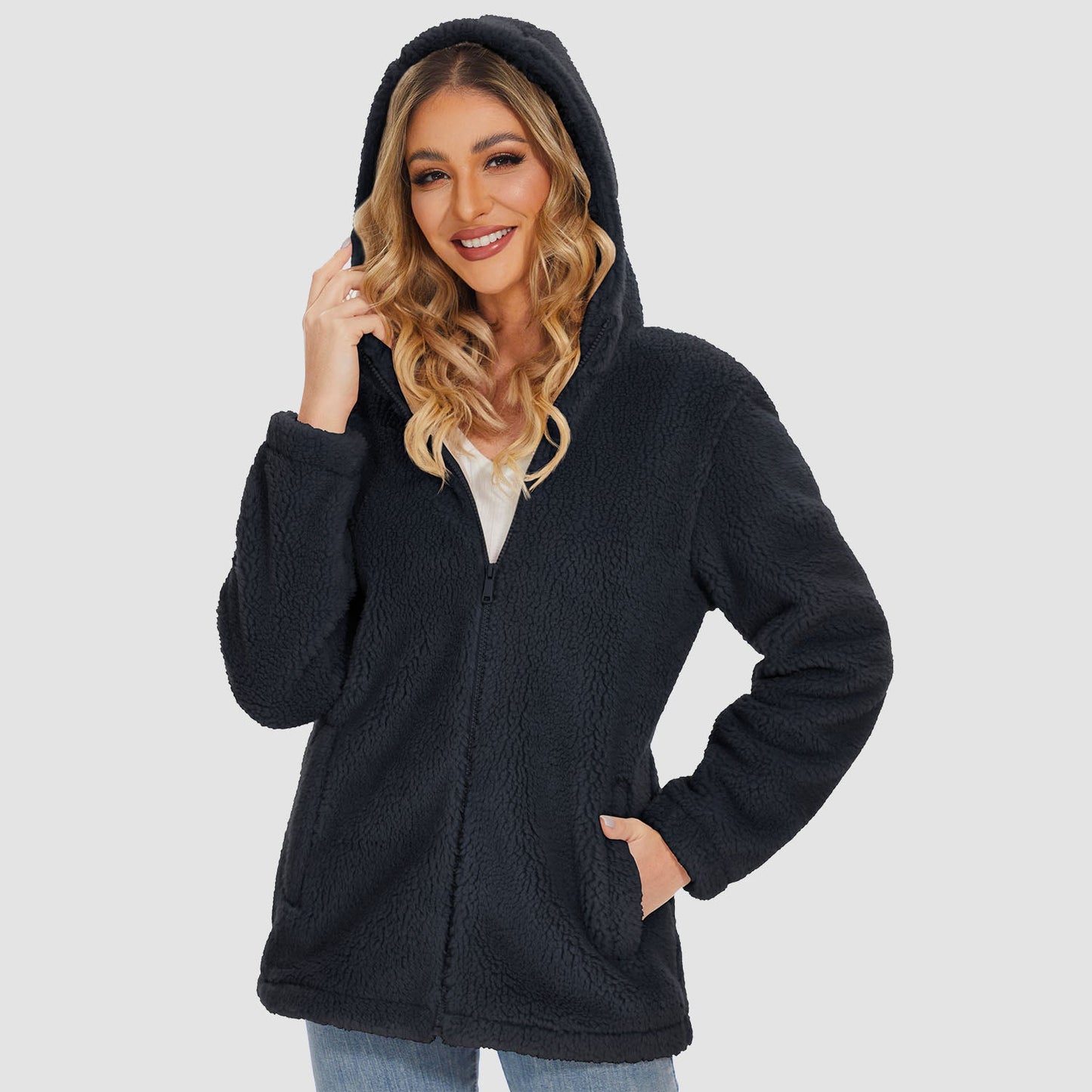 Jaqueta Sherpa Feminina com Capuz e Zíper Completo com Bolsos Casual Inverno Quente Casaco de Lã Macio