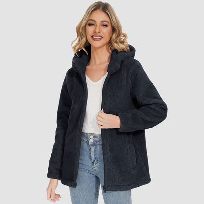 Jaqueta Sherpa Feminina com Capuz e Zíper Completo com Bolsos Casual Inverno Quente Casaco de Lã Macio