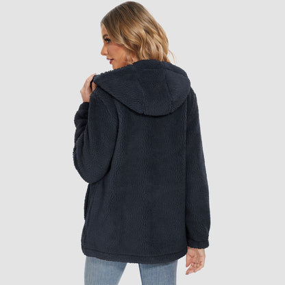 Jaqueta Sherpa Feminina com Capuz e Zíper Completo com Bolsos Casual Inverno Quente Casaco de Lã Macio