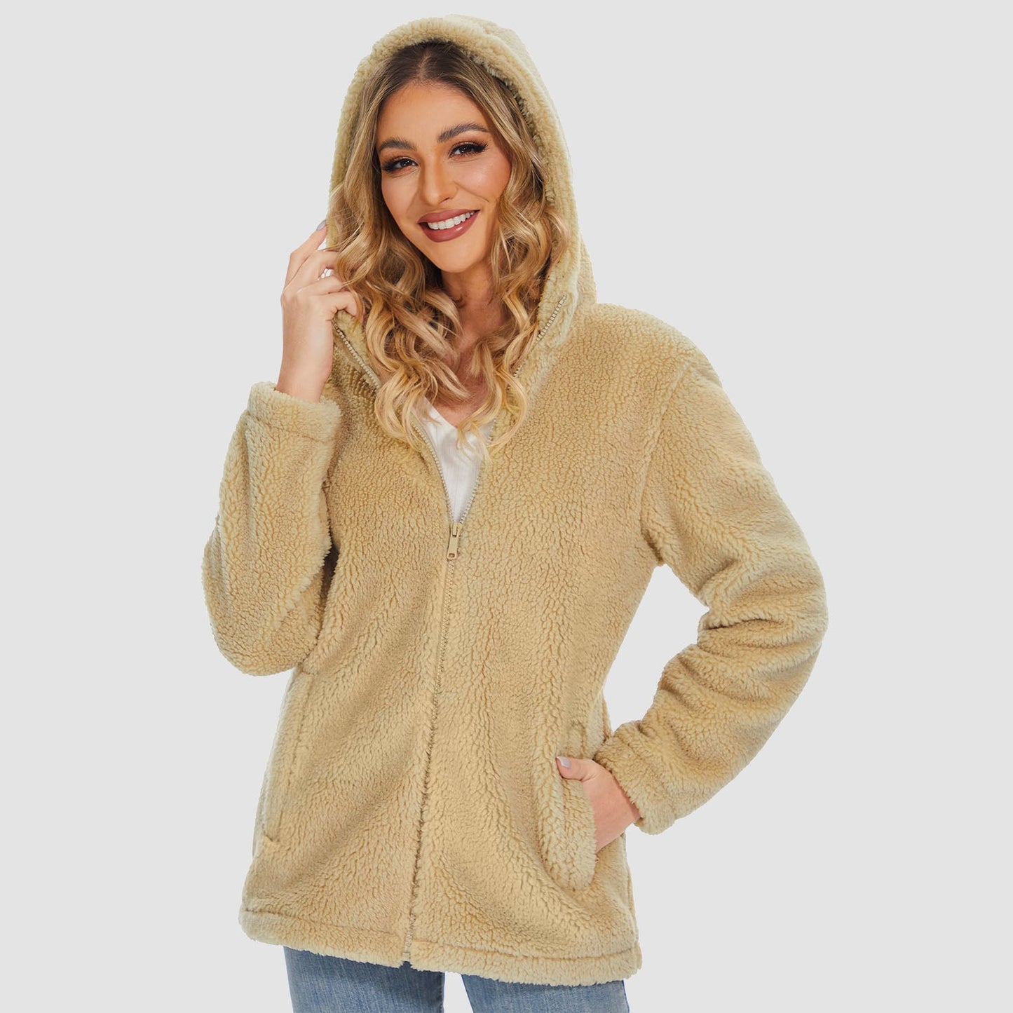 Jaqueta Sherpa Feminina com Capuz e Zíper Completo com Bolsos Casual Inverno Quente Casaco de Lã Macio