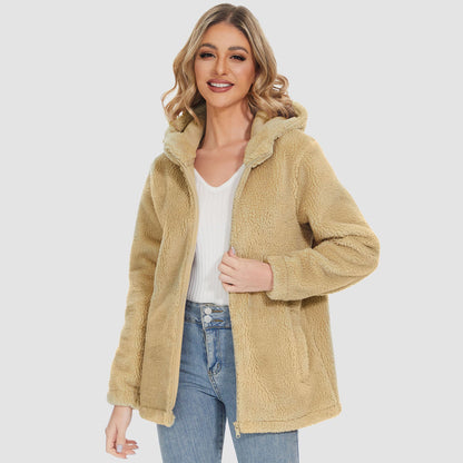 Jaqueta Sherpa Feminina com Capuz e Zíper Completo com Bolsos Casual Inverno Quente Casaco de Lã Macio