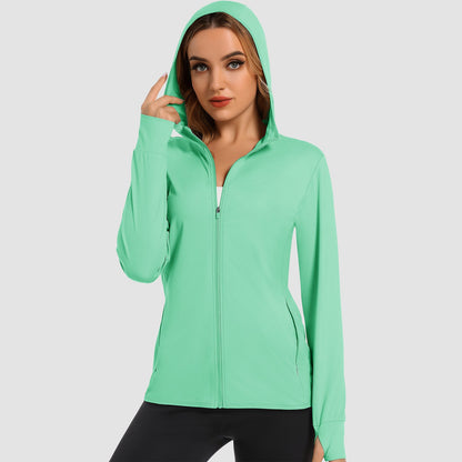 Damen UV-Sonnenschutzmantel, Hemden, langärmelig, schnelltrocknend, für Workout, Wandern, sportlich, leichte Pufferjacke mit Kapuze