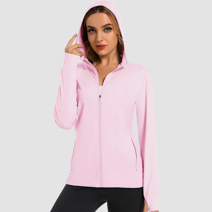 Damen UV-Sonnenschutzmantel, Hemden, langärmelig, schnelltrocknend, für Workout, Wandern, sportlich, leichte Pufferjacke mit Kapuze