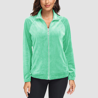 Women's Velour Jackets Full Zip Up Fleece Jacket With Zipper Pockets Soft Winter Jackets