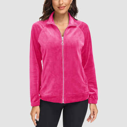 Women's Velour Jackets Full Zip Up Fleece Jacket With Zipper Pockets Soft Winter Jackets
