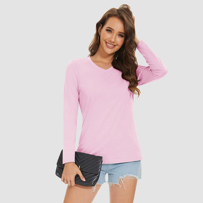 Women's Cotton V-Neck Shirts Long Sleeve Moisture Wicking Basic Tees Breathable
