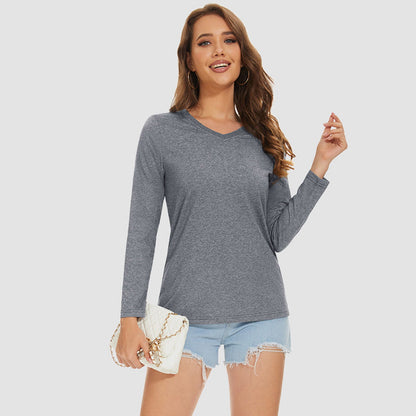 Women's Cotton V-Neck Shirts Long Sleeve Moisture Wicking Basic Tees Breathable