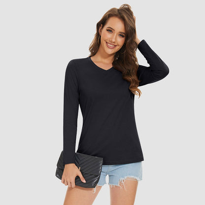 Women's Cotton V-Neck Shirts Long Sleeve Moisture Wicking Basic Tees Breathable
