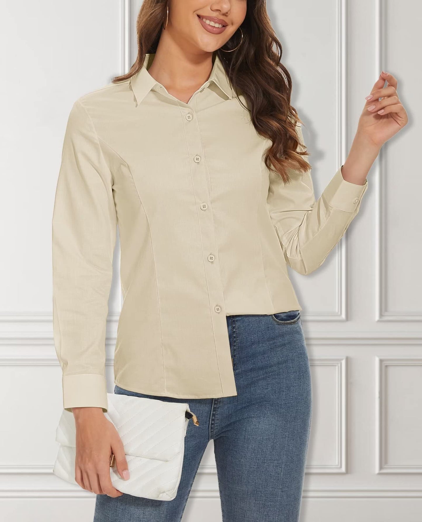 Camisa básica feminina com botões, blusa casual slim fit, camisa formal de manga comprida sem rugas