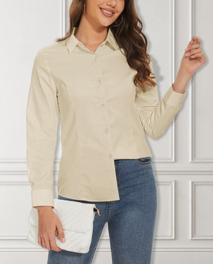 Camisa básica feminina com botões, blusa casual slim fit, camisa formal de manga comprida sem rugas