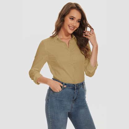 Camisa básica feminina com botões, blusa casual slim fit, camisa formal de manga comprida sem rugas