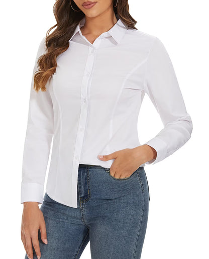 Camisa básica feminina com botões, blusa casual slim fit, camisa formal de manga comprida sem rugas