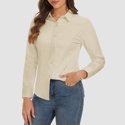 Camisa básica feminina com botões, blusa casual slim fit, camisa formal de manga comprida sem rugas
