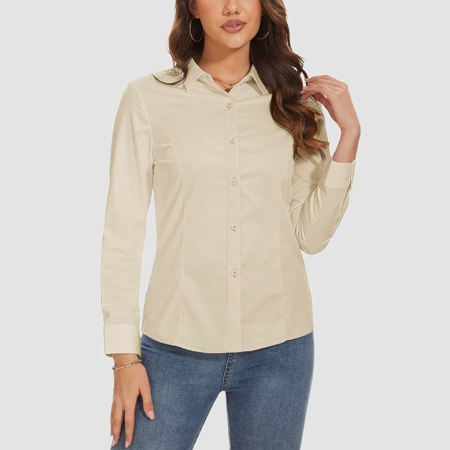 Camisa básica feminina com botões, blusa casual slim fit, camisa formal de manga comprida sem rugas