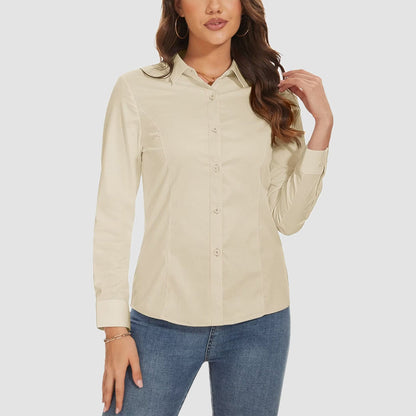 Camisa básica feminina com botões, blusa casual slim fit, camisa formal de manga comprida sem rugas