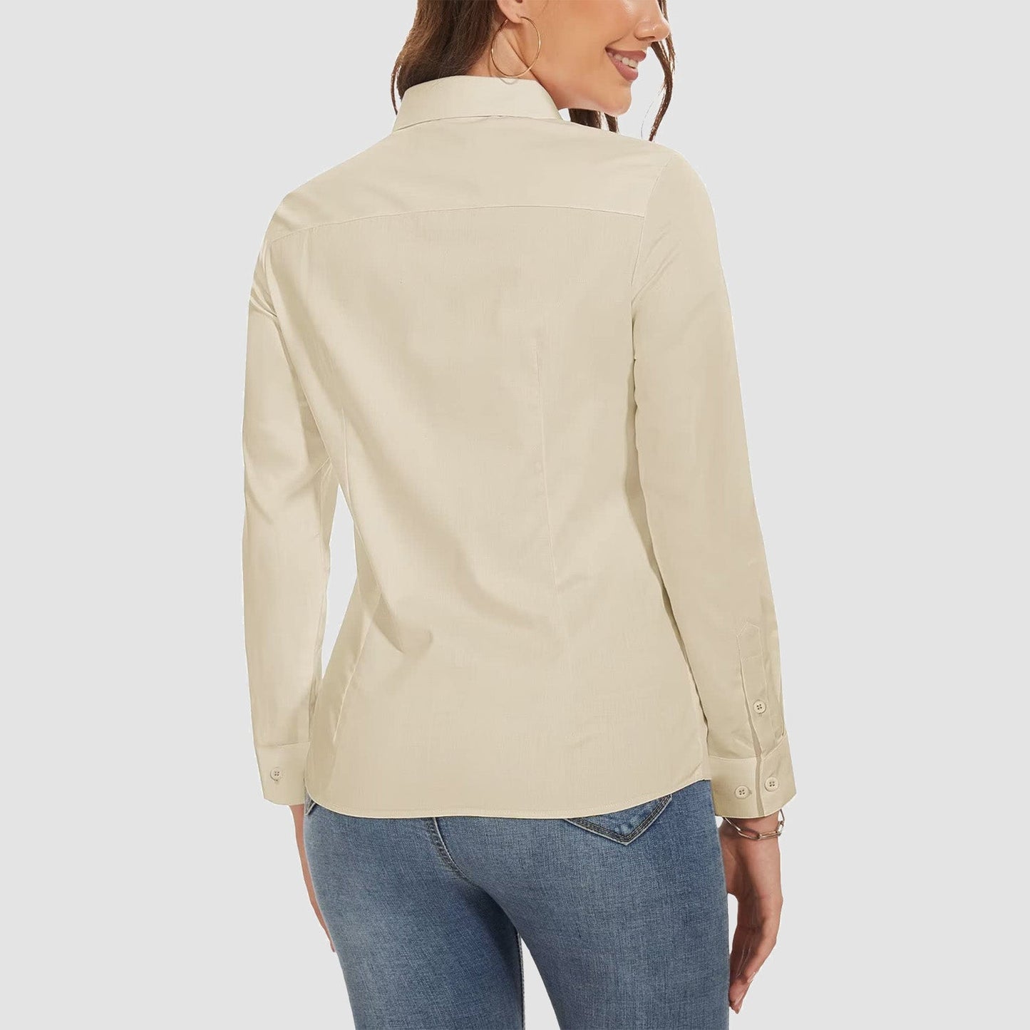 Camisa básica feminina com botões, blusa casual slim fit, camisa formal de manga comprida sem rugas