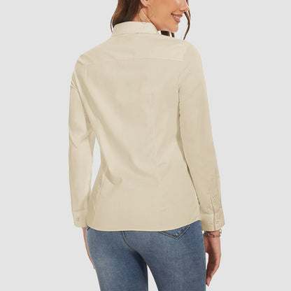 Camisa básica feminina com botões, blusa casual slim fit, camisa formal de manga comprida sem rugas