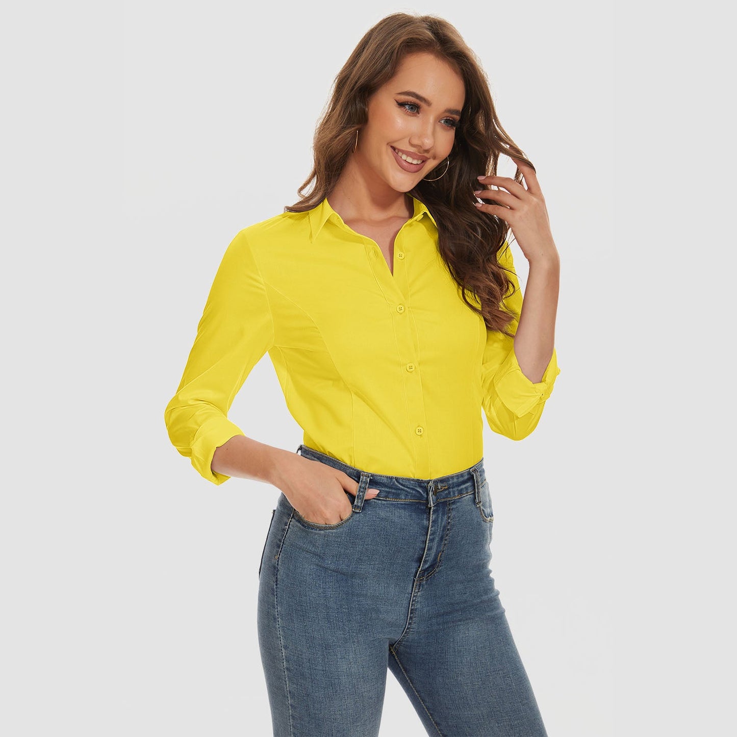 Camisa básica feminina com botões, blusa casual slim fit, camisa formal de manga comprida sem rugas