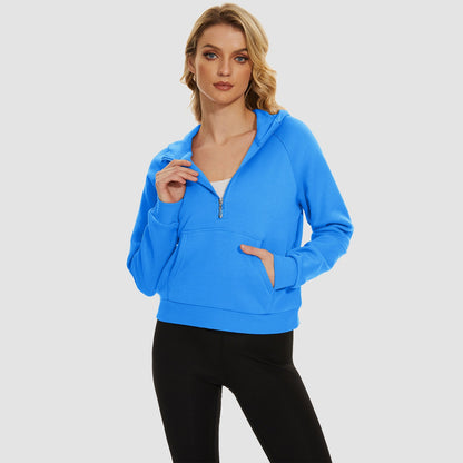 Moletom feminino com capuz, forro de lã, zíper 1/2, blusa curta de manga comprida com bolso canguru