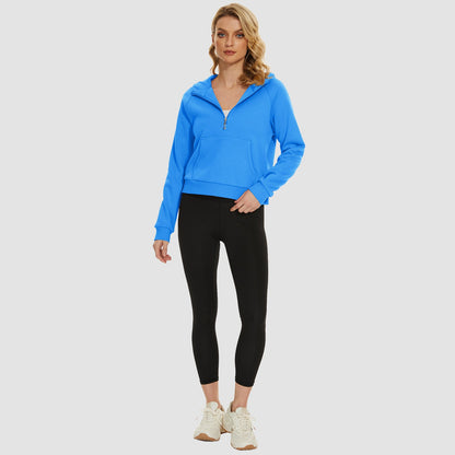 Moletom feminino com capuz, forro de lã, zíper 1/2, blusa curta de manga comprida com bolso canguru