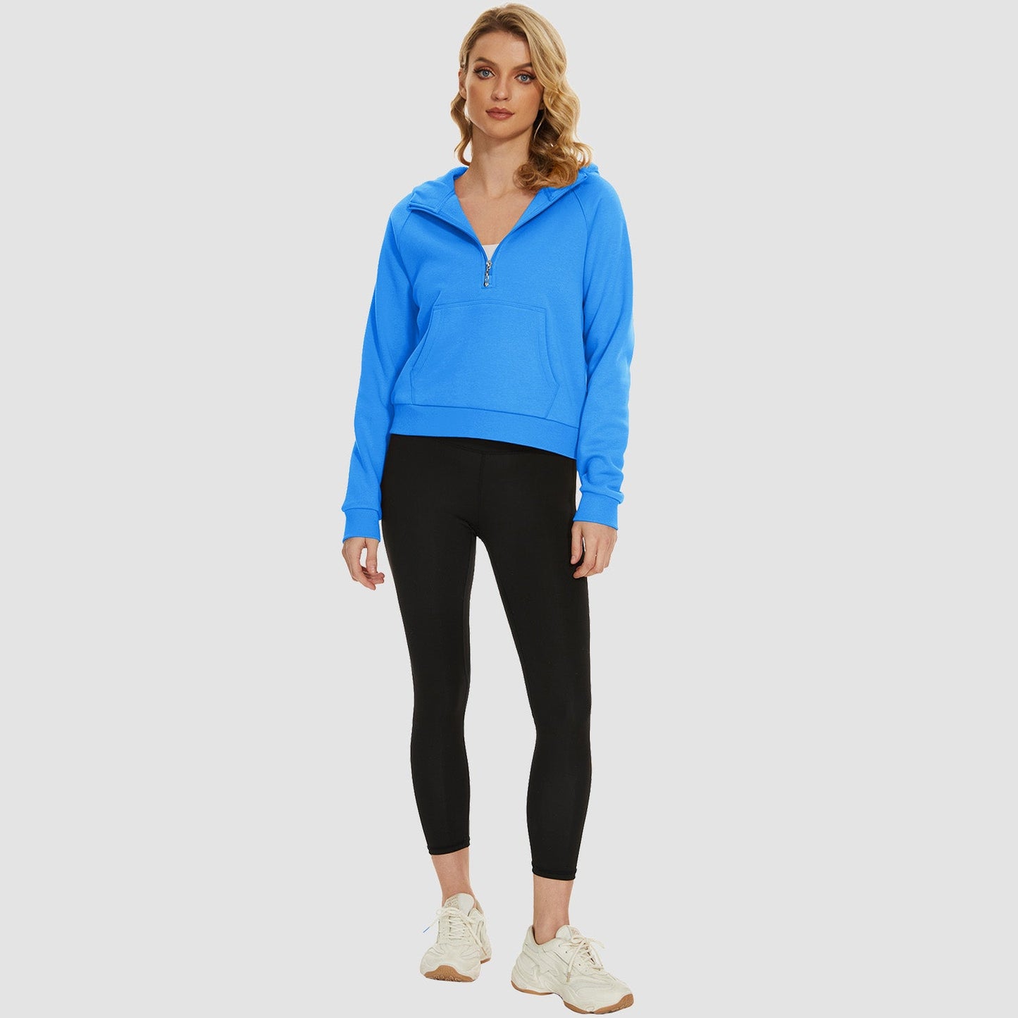 Moletom feminino com capuz, forro de lã, zíper 1/2, blusa curta de manga comprida com bolso canguru