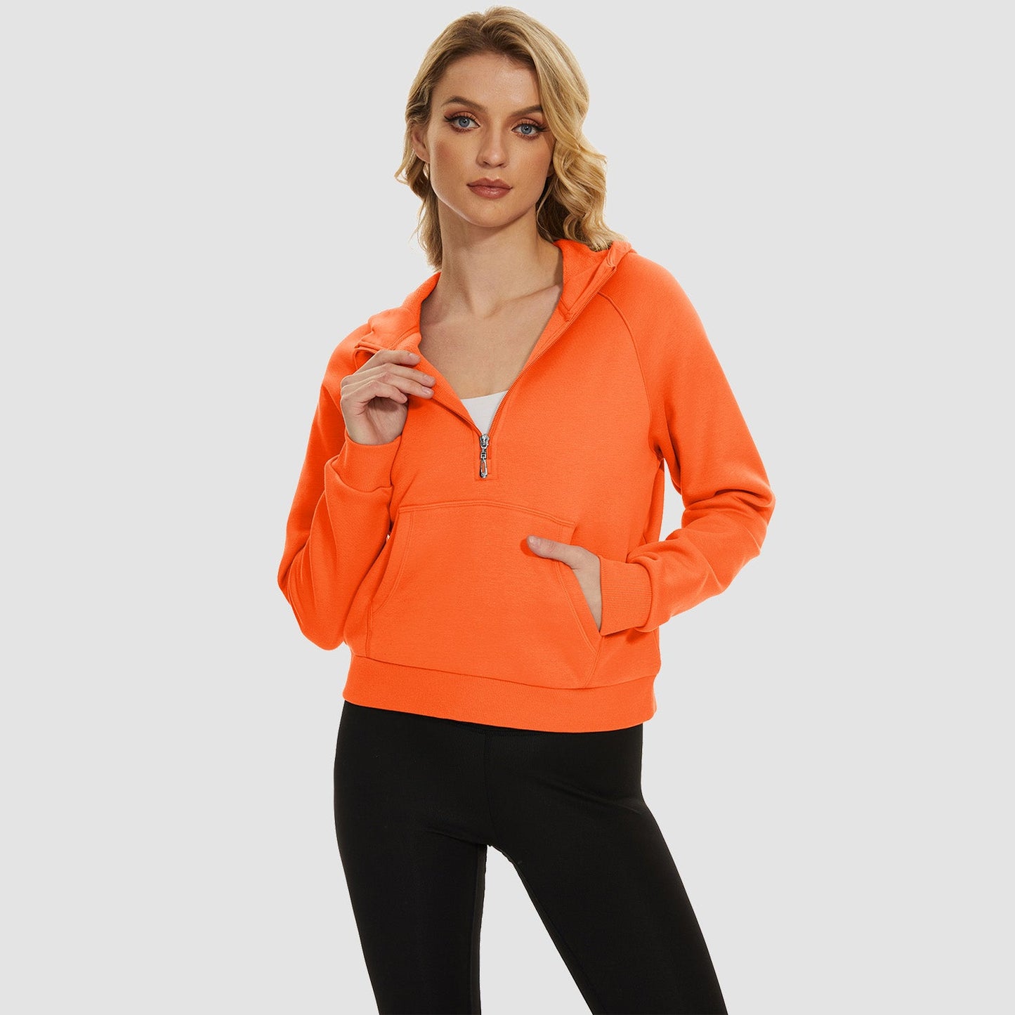 Moletom feminino com capuz, forro de lã, zíper 1/2, blusa curta de manga comprida com bolso canguru