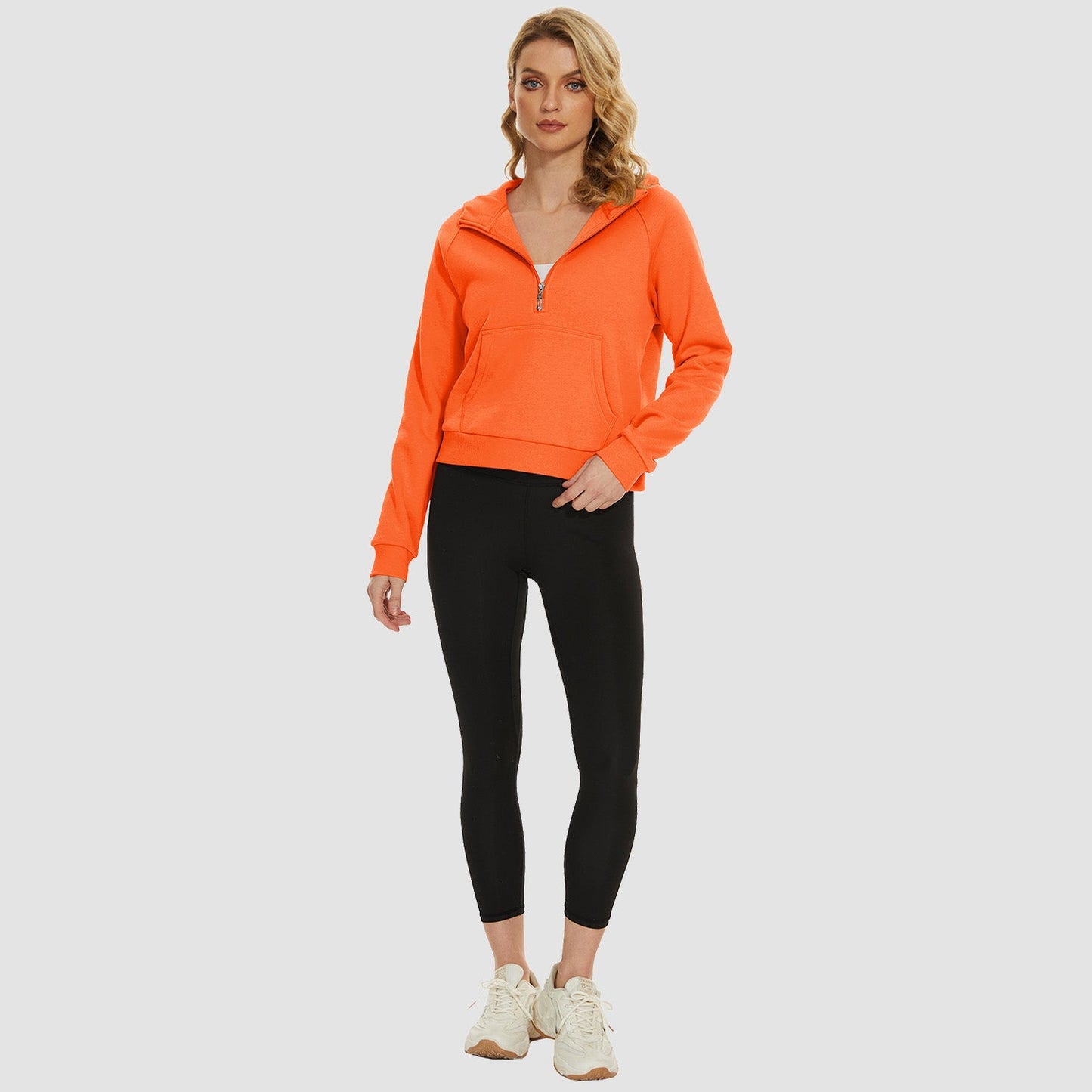 Moletom feminino com capuz, forro de lã, zíper 1/2, blusa curta de manga comprida com bolso canguru