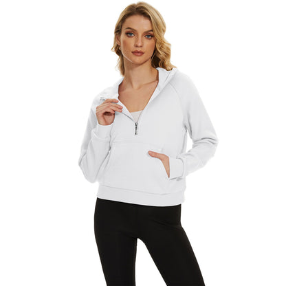 Moletom feminino com capuz, forro de lã, zíper 1/2, blusa curta de manga comprida com bolso canguru