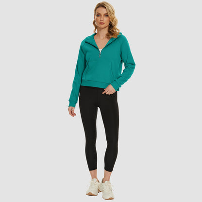 Moletom feminino com capuz, forro de lã, zíper 1/2, blusa curta de manga comprida com bolso canguru