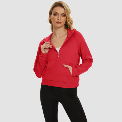 Moletom feminino com capuz, forro de lã, zíper 1/2, blusa curta de manga comprida com bolso canguru