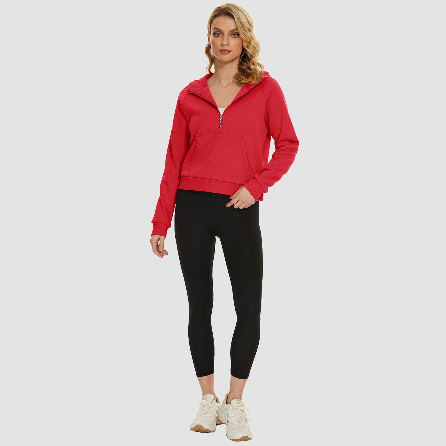 Moletom feminino com capuz, forro de lã, zíper 1/2, blusa curta de manga comprida com bolso canguru