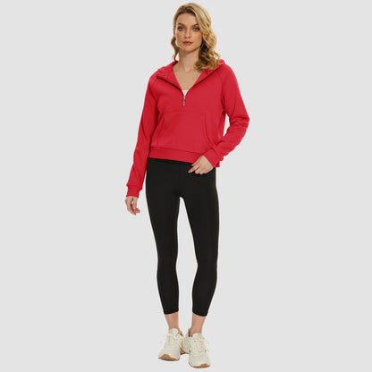 Moletom feminino com capuz, forro de lã, zíper 1/2, blusa curta de manga comprida com bolso canguru