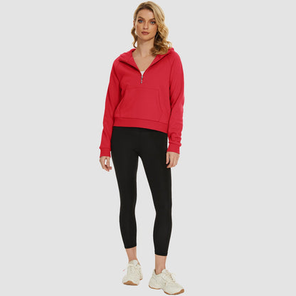 Moletom feminino com capuz, forro de lã, zíper 1/2, blusa curta de manga comprida com bolso canguru