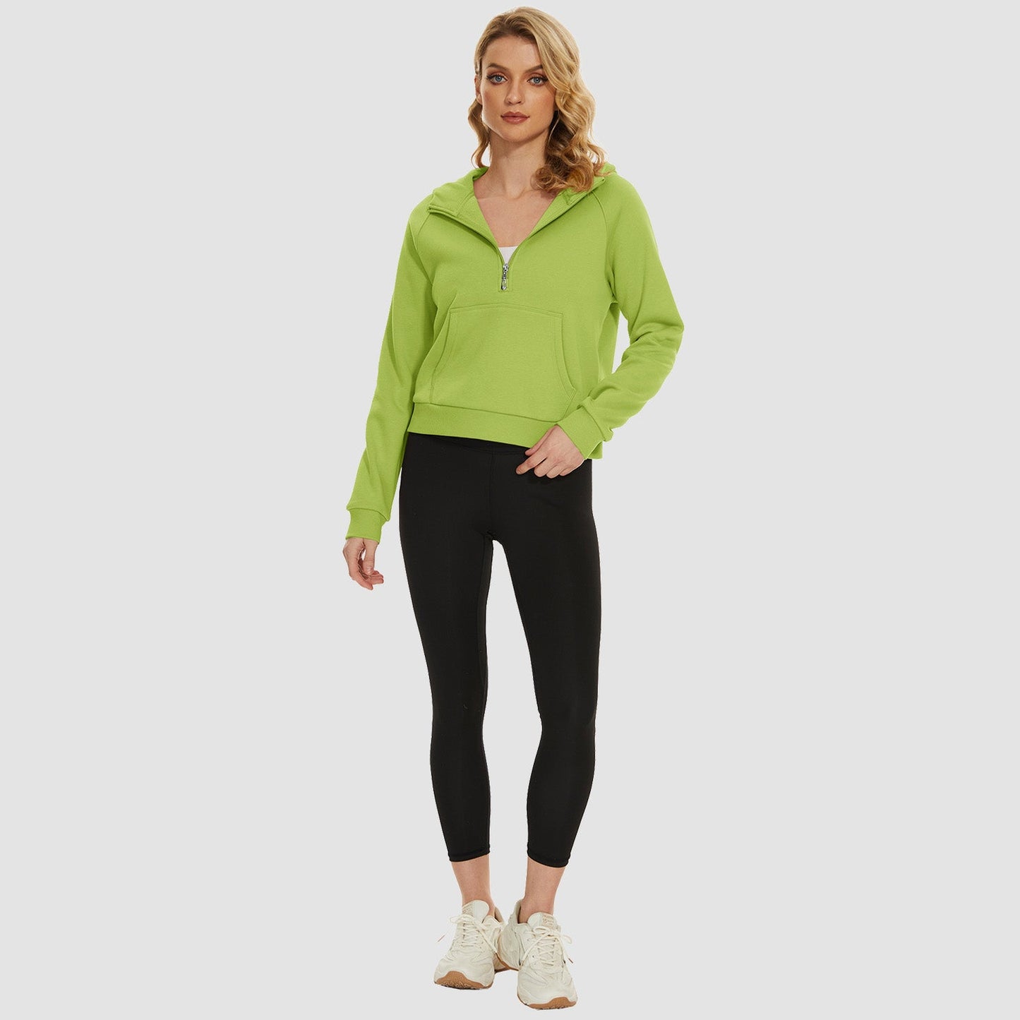 Moletom feminino com capuz, forro de lã, zíper 1/2, blusa curta de manga comprida com bolso canguru