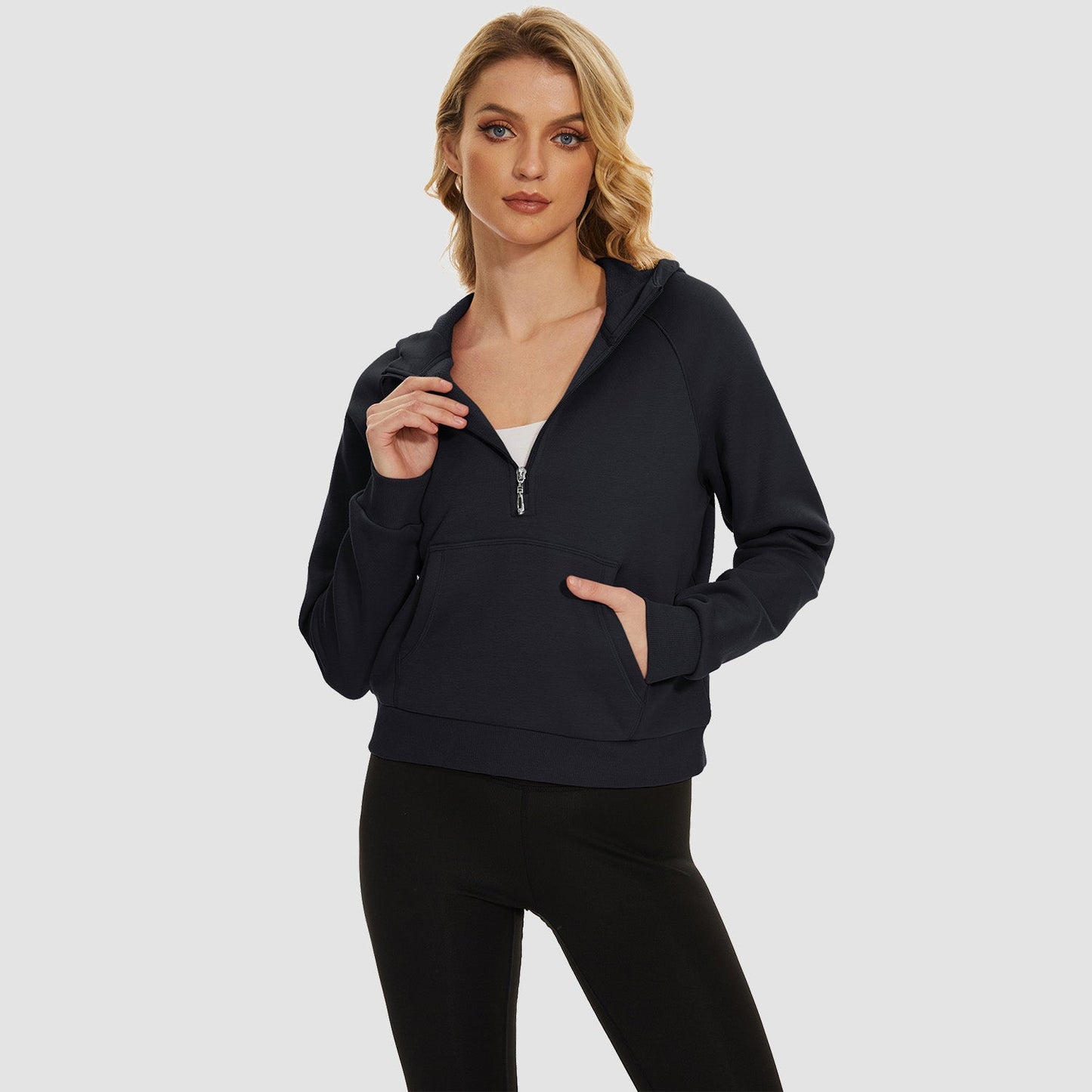 Moletom feminino com capuz, forro de lã, zíper 1/2, blusa curta de manga comprida com bolso canguru