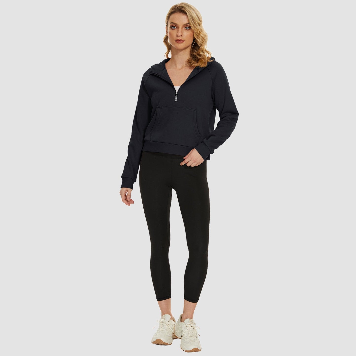 Moletom feminino com capuz, forro de lã, zíper 1/2, blusa curta de manga comprida com bolso canguru