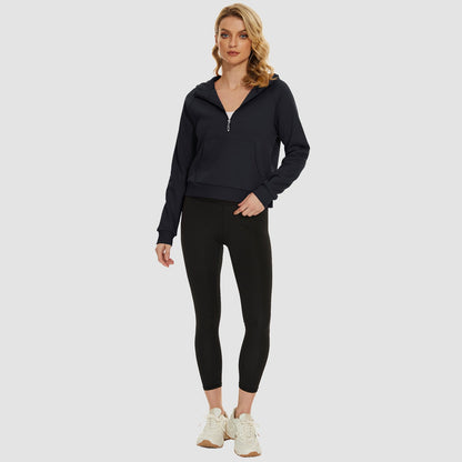 Moletom feminino com capuz, forro de lã, zíper 1/2, blusa curta de manga comprida com bolso canguru