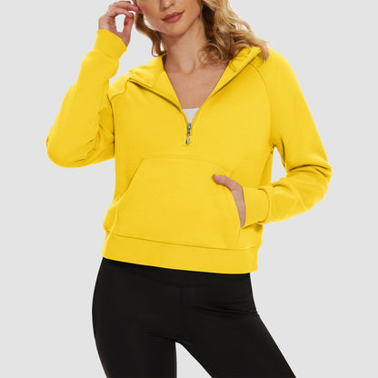 Moletom feminino com capuz, forro de lã, zíper 1/2, blusa curta de manga comprida com bolso canguru