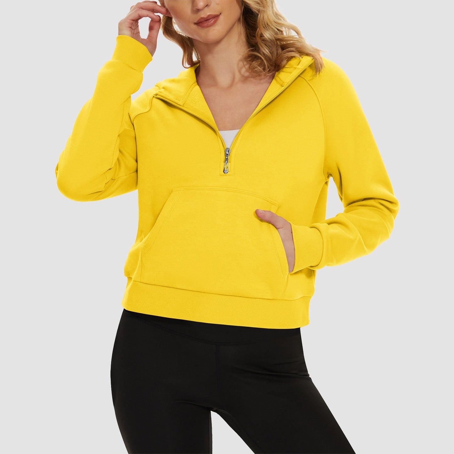 Moletom feminino com capuz, forro de lã, zíper 1/2, blusa curta de manga comprida com bolso canguru