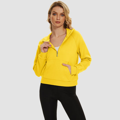 Moletom feminino com capuz, forro de lã, zíper 1/2, blusa curta de manga comprida com bolso canguru