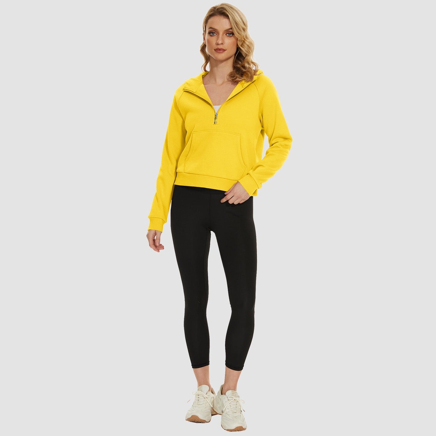 Moletom feminino com capuz, forro de lã, zíper 1/2, blusa curta de manga comprida com bolso canguru