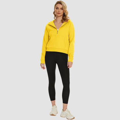 Moletom feminino com capuz, forro de lã, zíper 1/2, blusa curta de manga comprida com bolso canguru