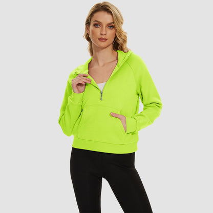 Moletom feminino com capuz, forro de lã, zíper 1/2, blusa curta de manga comprida com bolso canguru