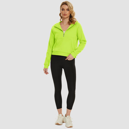 Moletom feminino com capuz, forro de lã, zíper 1/2, blusa curta de manga comprida com bolso canguru