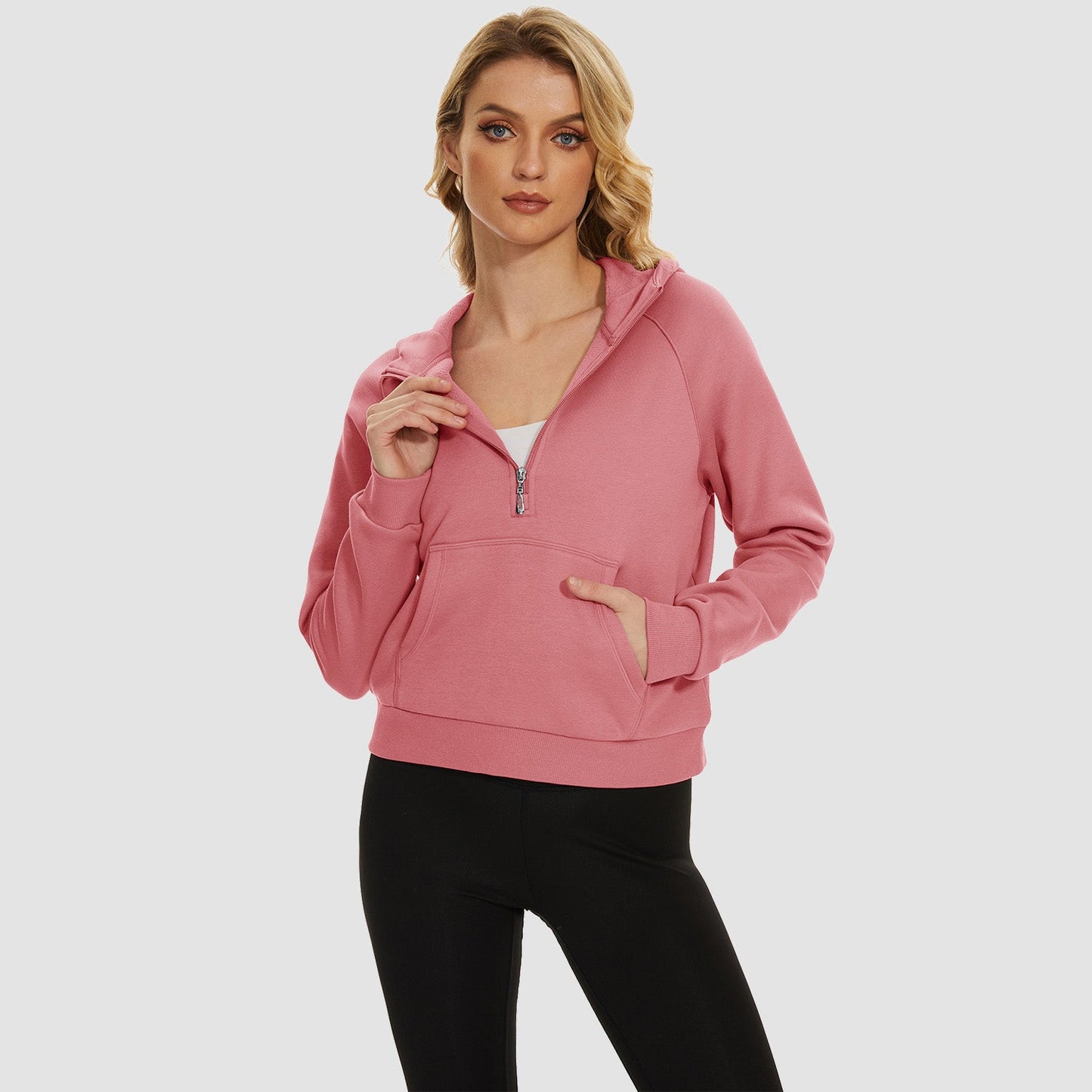 Moletom feminino com capuz, forro de lã, zíper 1/2, blusa curta de manga comprida com bolso canguru
