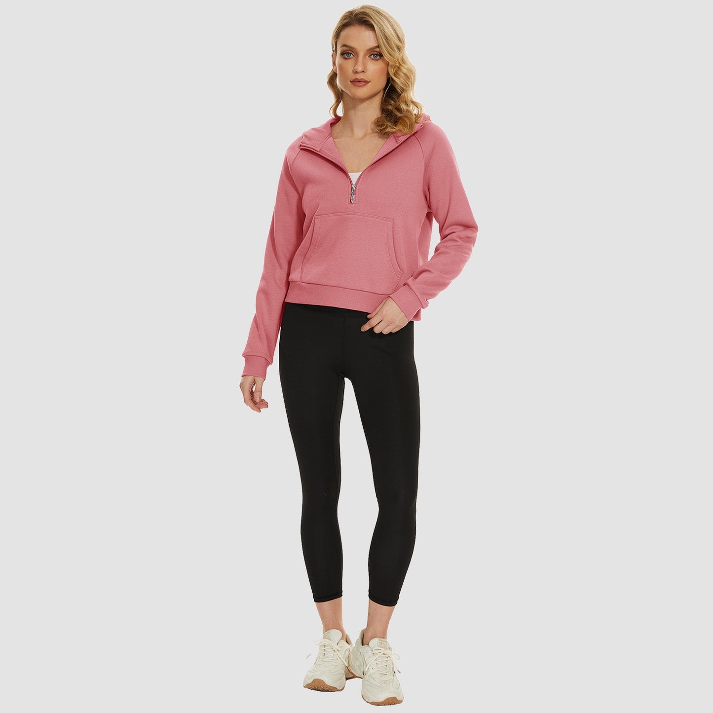 Moletom feminino com capuz, forro de lã, zíper 1/2, blusa curta de manga comprida com bolso canguru