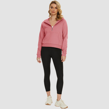 Moletom feminino com capuz, forro de lã, zíper 1/2, blusa curta de manga comprida com bolso canguru